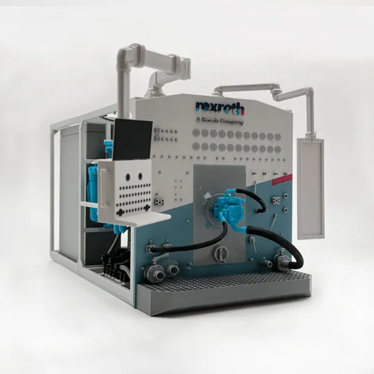 Výstavní model technologické sestavy Bosch Rexroth s modrými komponenty