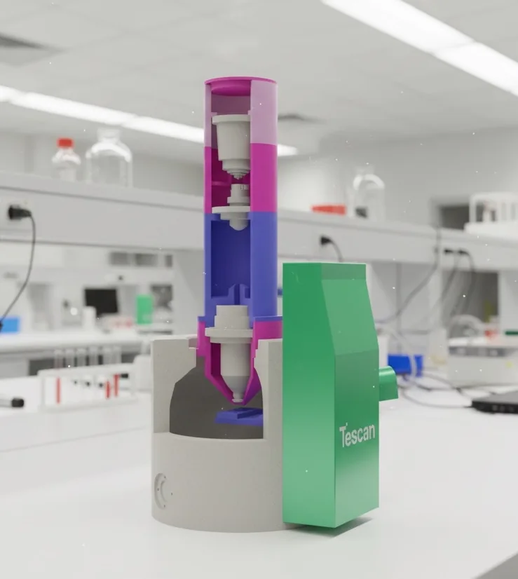 Barevný rozebíratelný model mikroskopu TESCAN v laboratoři